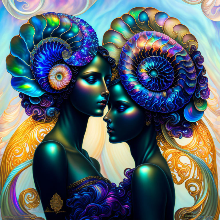 Stylized ethereal female figures with ornate headdresses in iridescent colors on swirling past