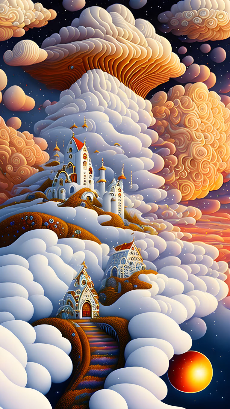 Ornate buildings in snowy hills under swirling sky