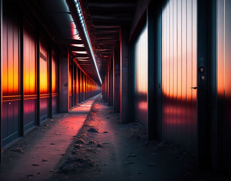 Urban corridor with metal walls under red and blue sunset light