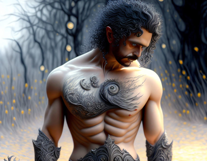 Muscular figure with tattoos in front of forest with yellow orbs