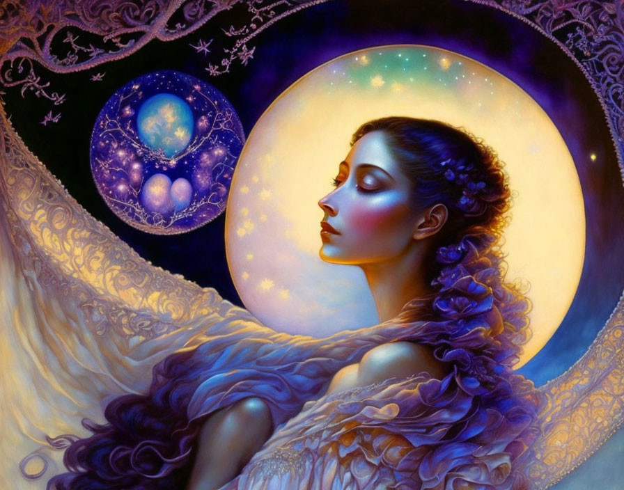 Fantasy illustration of woman with luminescent moon and celestial designs