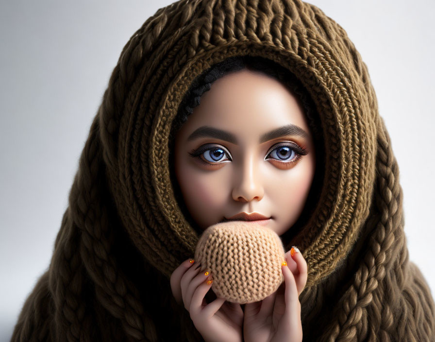 Person with Striking Makeup in Chunky Knit Brown Garment Holding Knit Ball