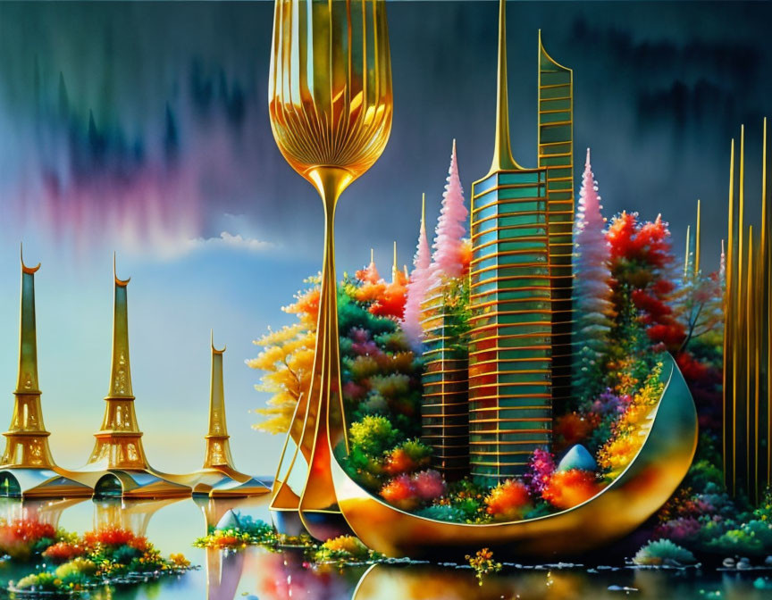 Colorful Surreal Cityscape with Futuristic Buildings and Twilight Sky