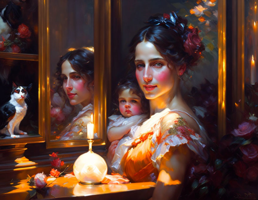 Classic Style Painting: Woman, Child, Cat, Mirror Reflection, Candlelight, Flowers