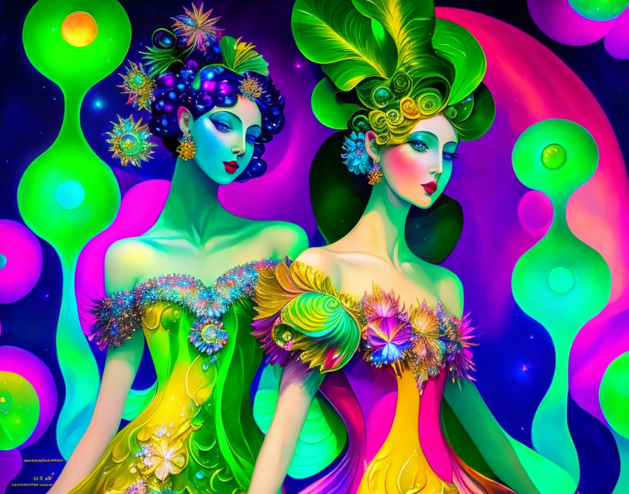Colorful female figures in vibrant attire against psychedelic backdrop