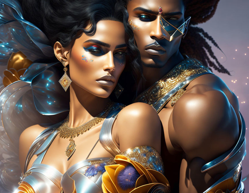 Stylized regal characters with golden accessories against celestial backdrop
