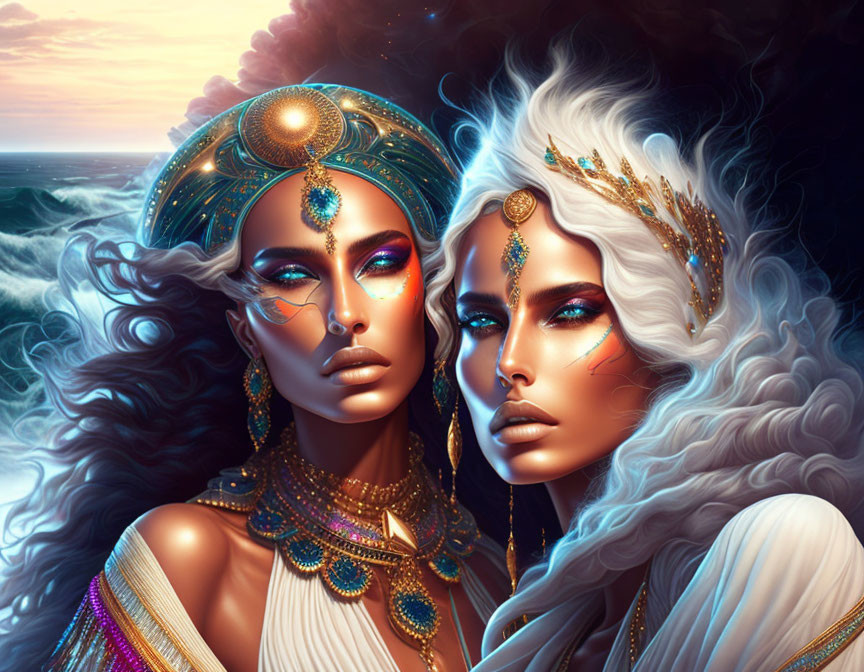 Fantasy women with golden headpieces and makeup by stormy ocean.