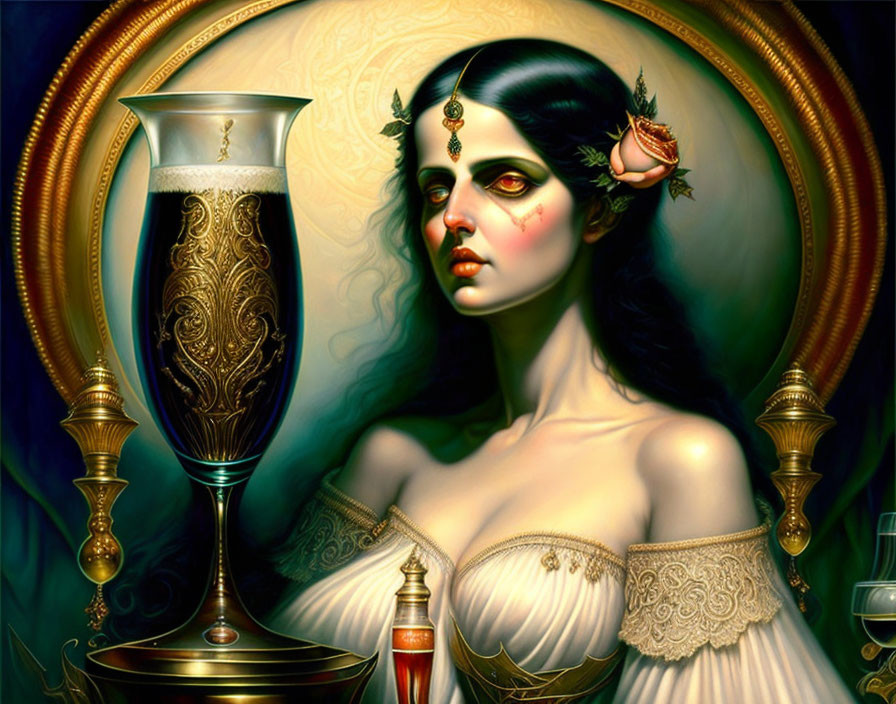 Mystical painting of woman with pale skin and dark hair, gold jewelry, holding chalice