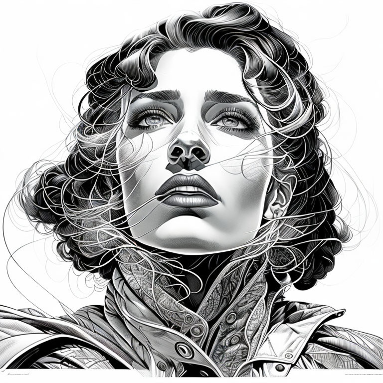 Detailed monochrome illustration: contemplative woman with wavy hair, intricate clothing patterns