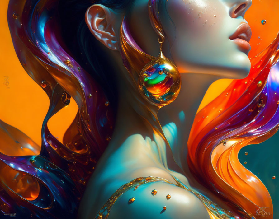 Vivid digital artwork: Woman with iridescent hair & sphere earring