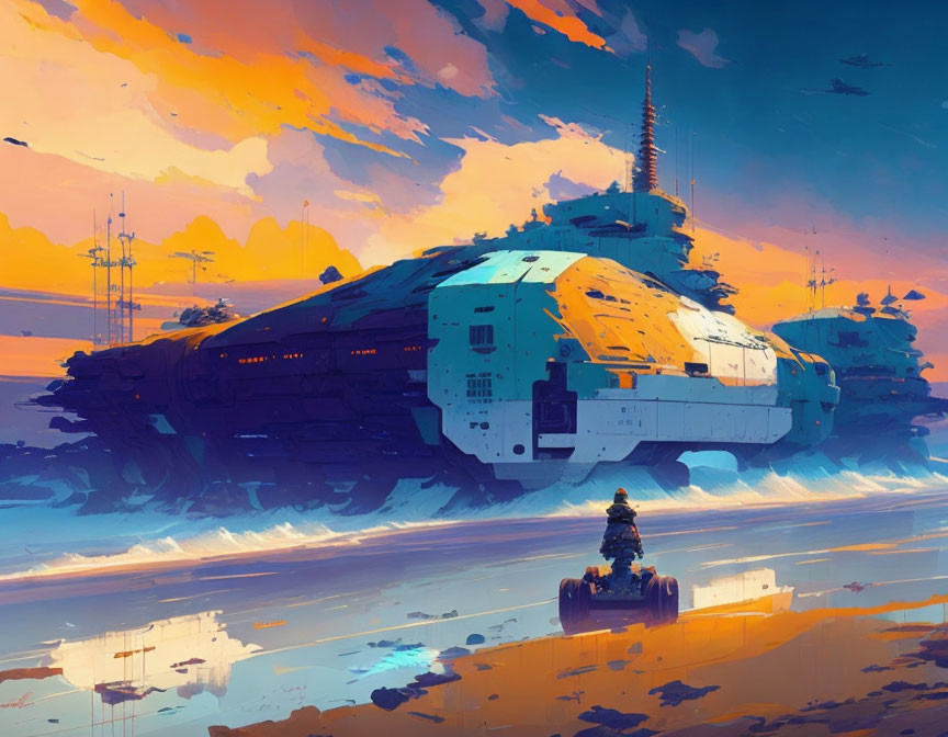 Futuristic cityscape at sunset with large structures and figure on vehicle