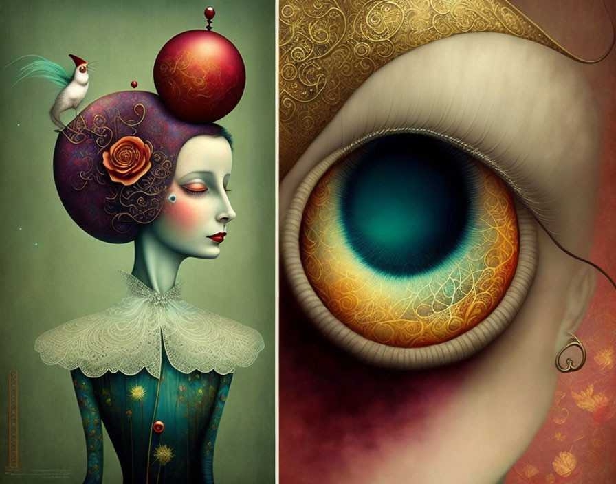 Surreal Artwork: Stylized Woman with Planetary Hair Accessories & Detailed Eye Design
