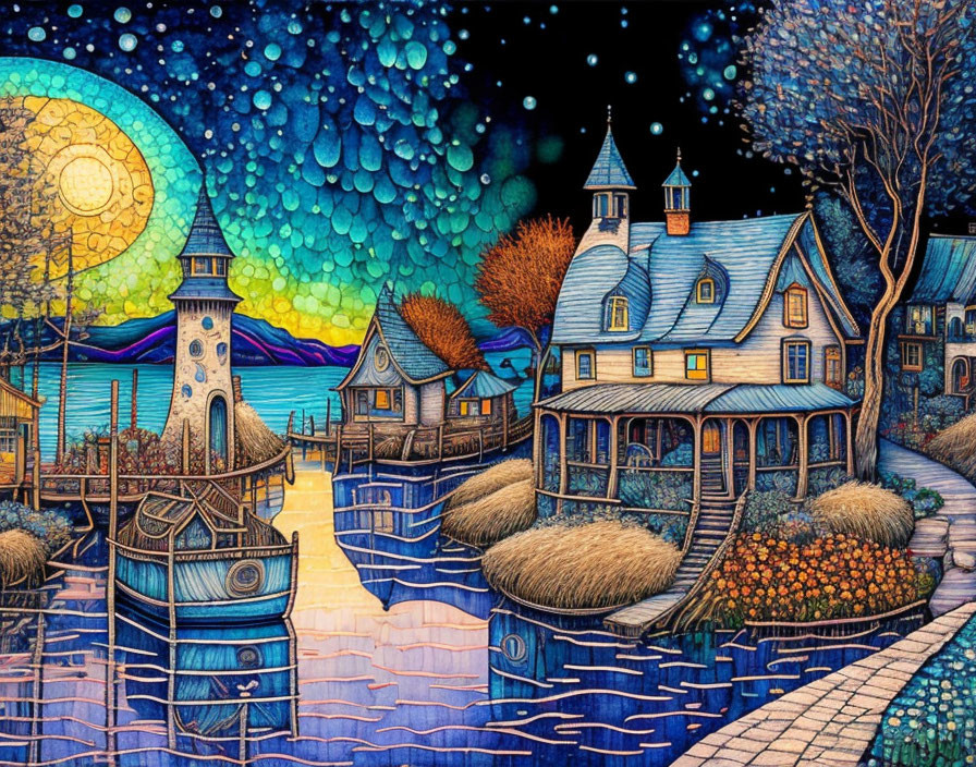 Whimsical village at night with lighthouse, starry sky, and water reflection