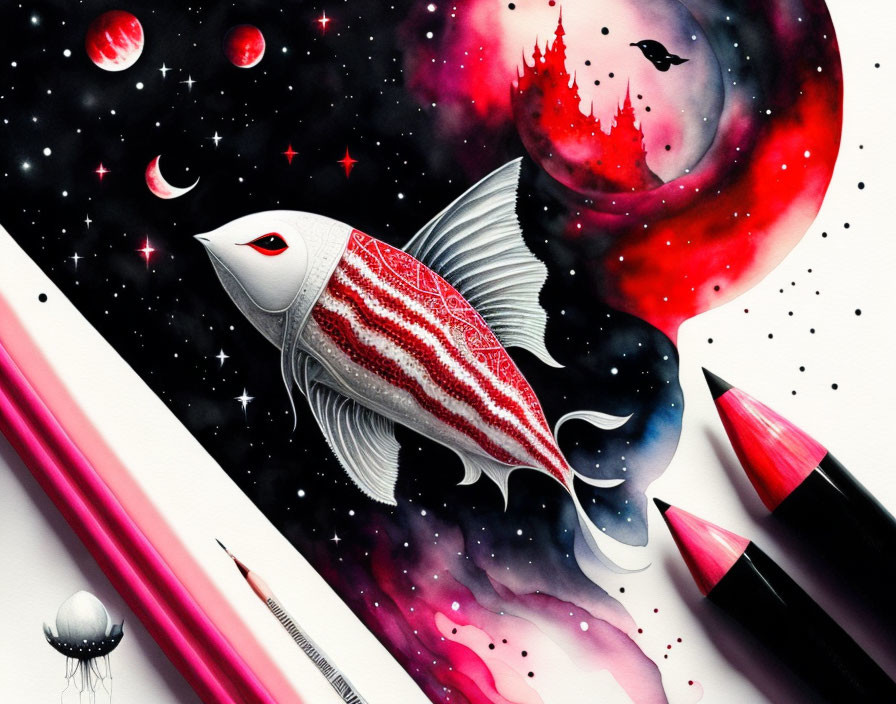 Colorful fish in cosmic space with stars and planets, pencil, and floating elements