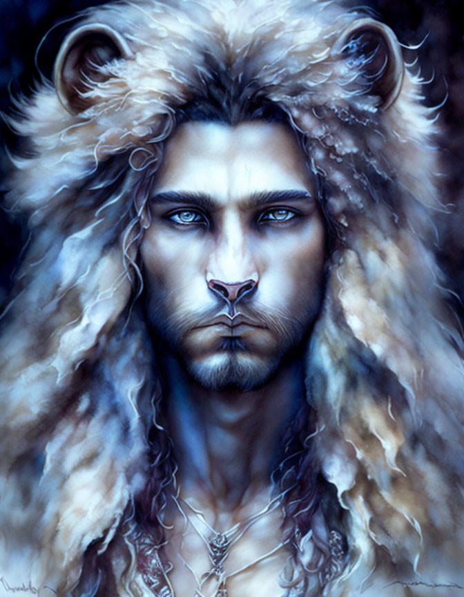 Fantasy illustration of humanoid with lion features and mystical pendant