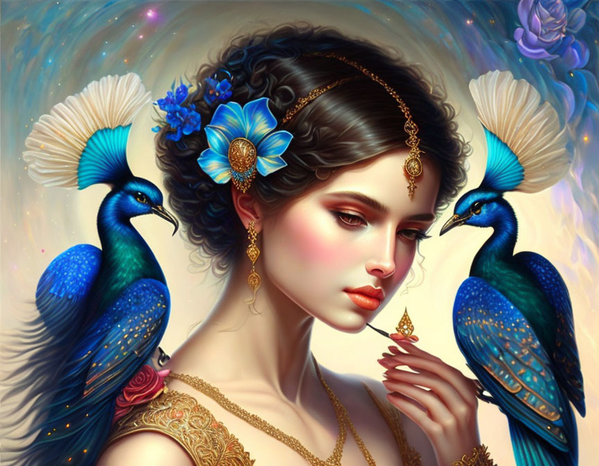 Woman with Peacocks: Gold Jewelry and Blue Flower in Hair