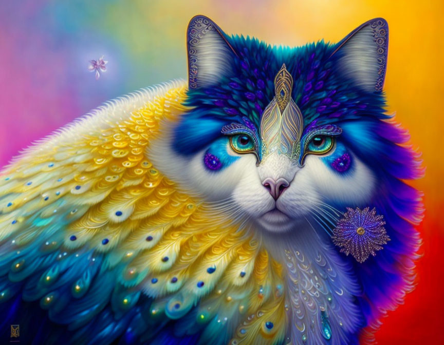 Colorful digital artwork: Cat with blue eyes, patterned forehead, rainbow coat.
