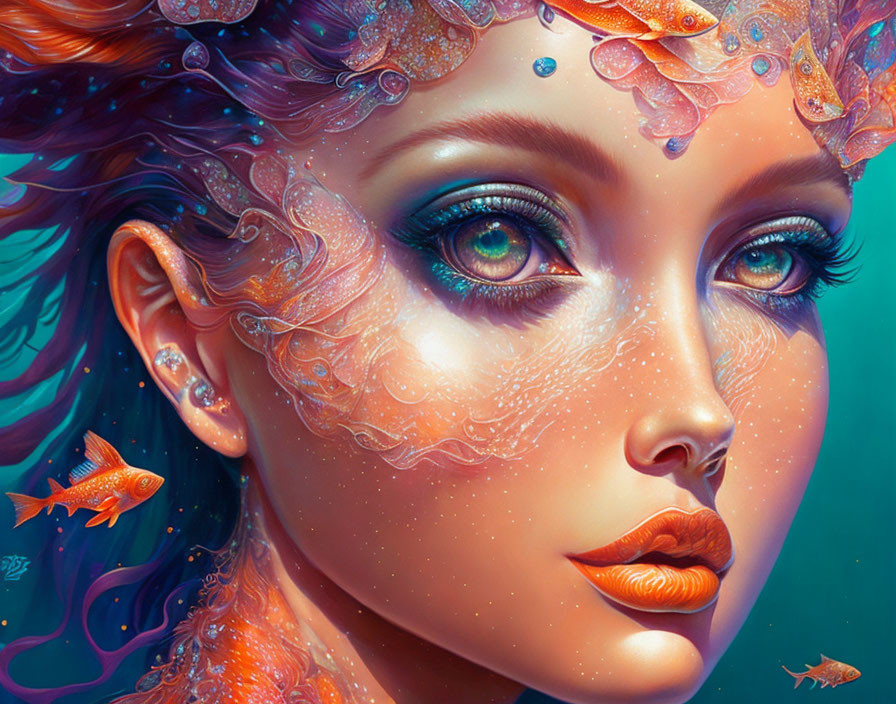 Digital artwork: Woman with aqua-themed makeup and orange fish in bubbles