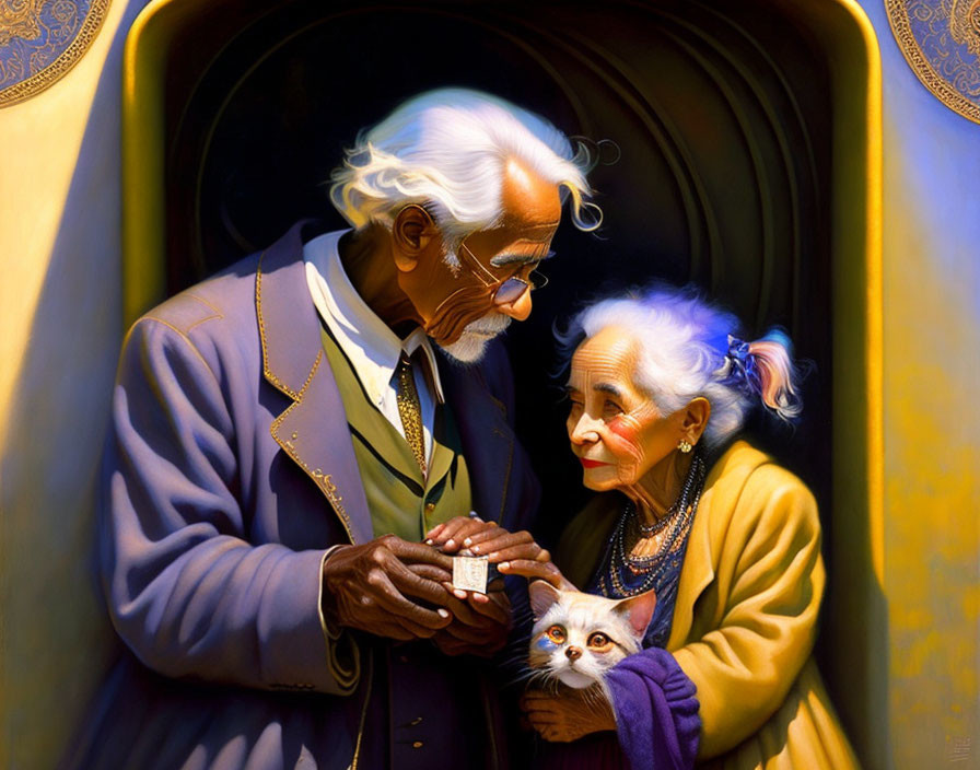 Elderly couple admiring small kitten together