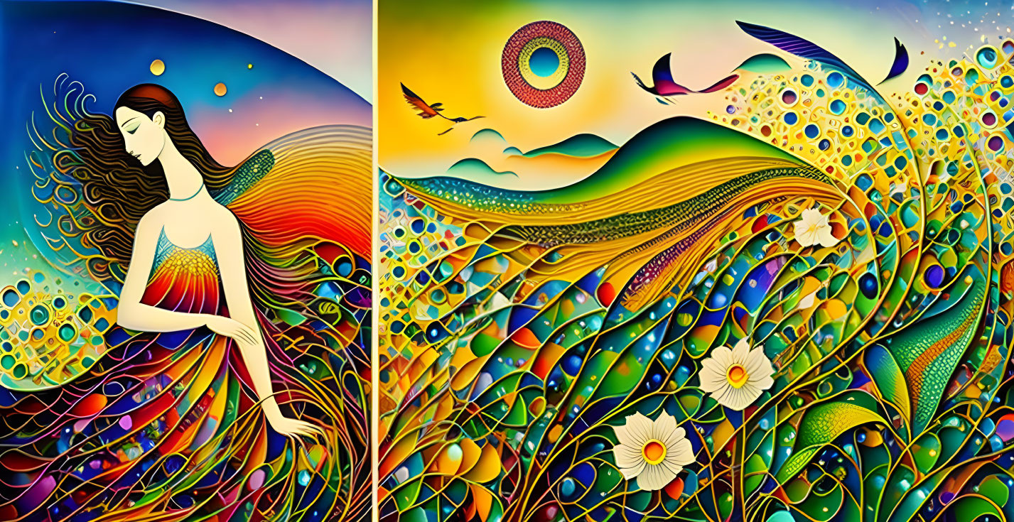 Colorful Artwork: Female Figure in Whimsical Landscape