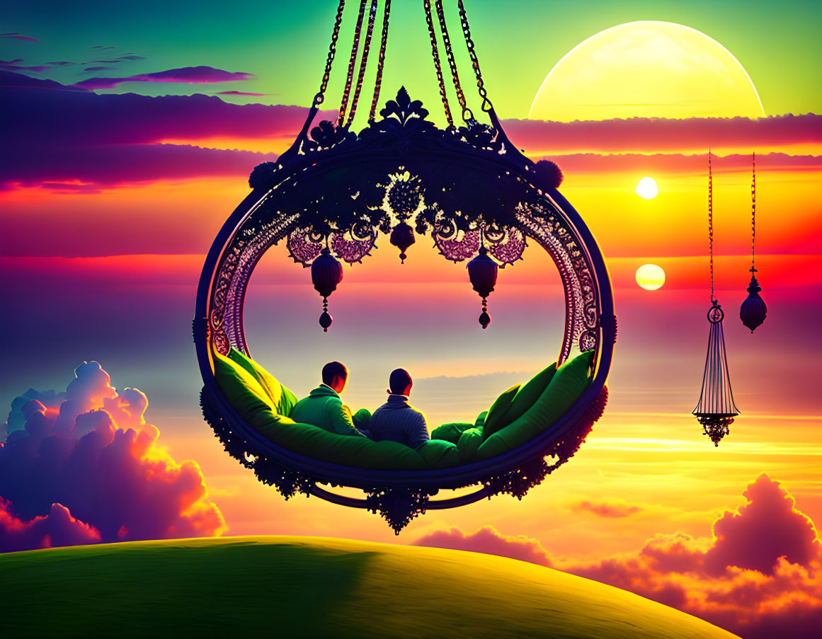 Couple on ornate swing under multiple setting suns in surreal landscape