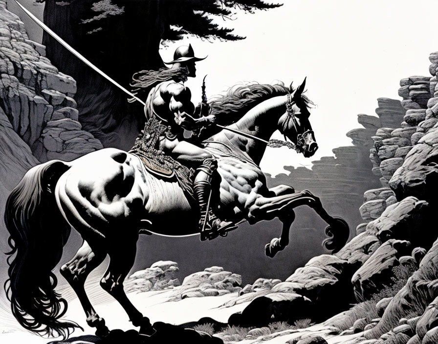 Monochrome illustration of muscular rider on rearing horse with spear in rocky terrain
