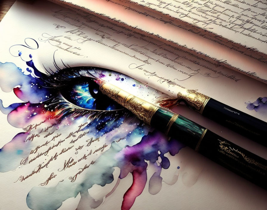 Detailed eye drawing with cosmic motif and calligraphy fountain pen.