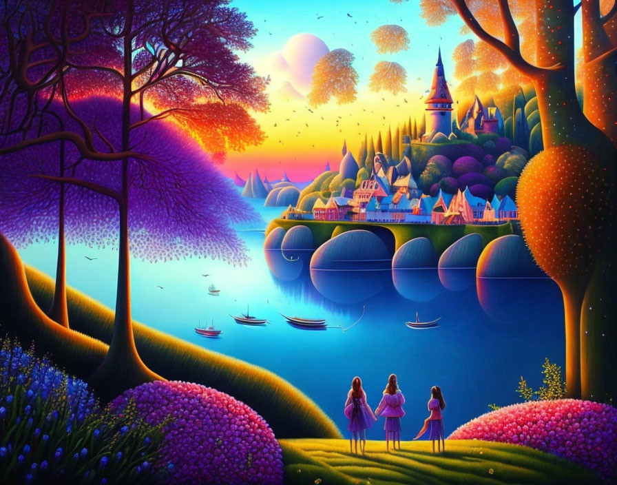 Colorful fantasy landscape with figures, river, trees, boats, and castle at dusk