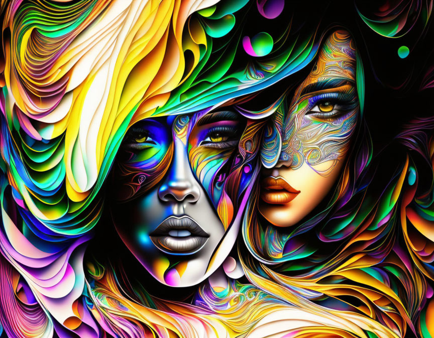 Colorful digital artwork of two women's faces with flowing hair and intricate patterns