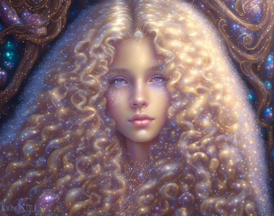 Blonde woman with star-filled hair in cosmic setting