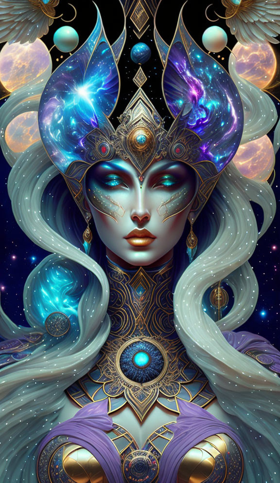 Celestial artwork featuring figure with cosmic headdress and blue hair