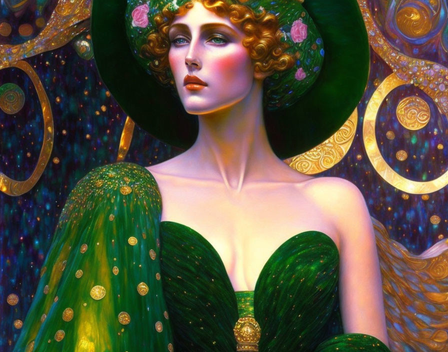 Colorful Art Nouveau Woman with Green Hat and Floral Cloak