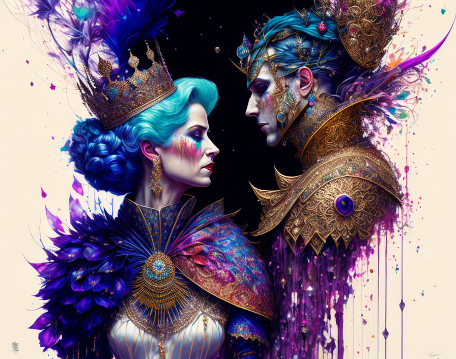 Fantastical king and queen digital art portrait in vibrant colors