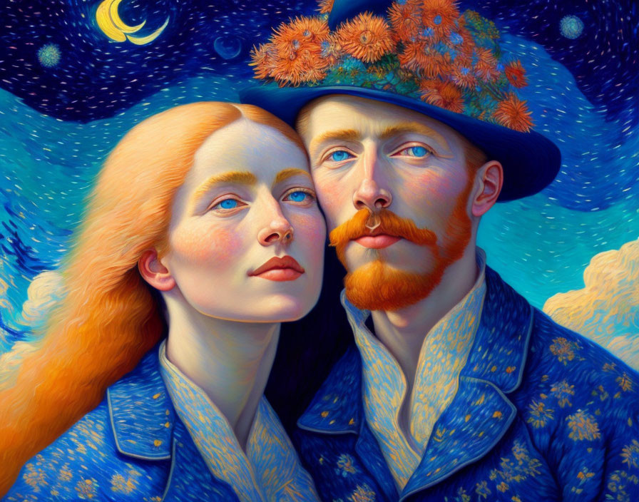 Stylized portrait of man and woman in blue with Van Gogh-inspired swirls and stars