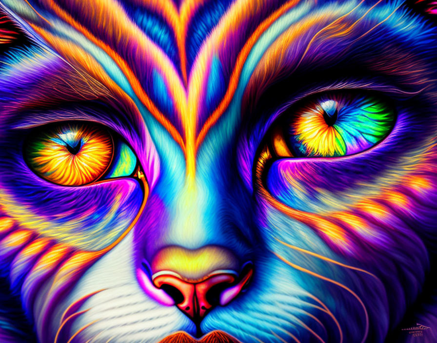 Colorful Psychedelic Cat Face with Vibrant Fur and Intense Human-like Eyes