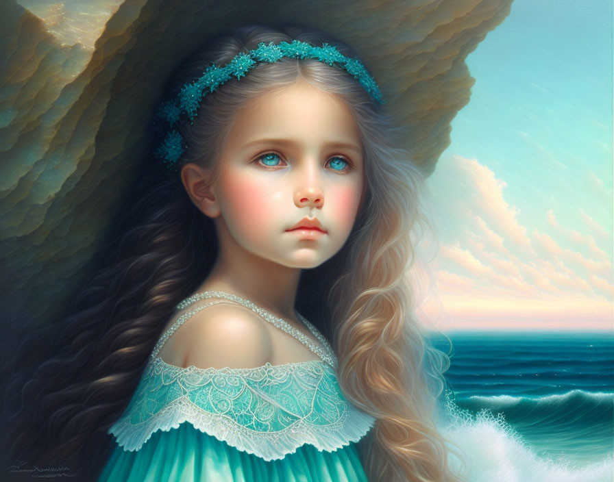 Portrait of young girl with blue eyes and teal dress by serene sea
