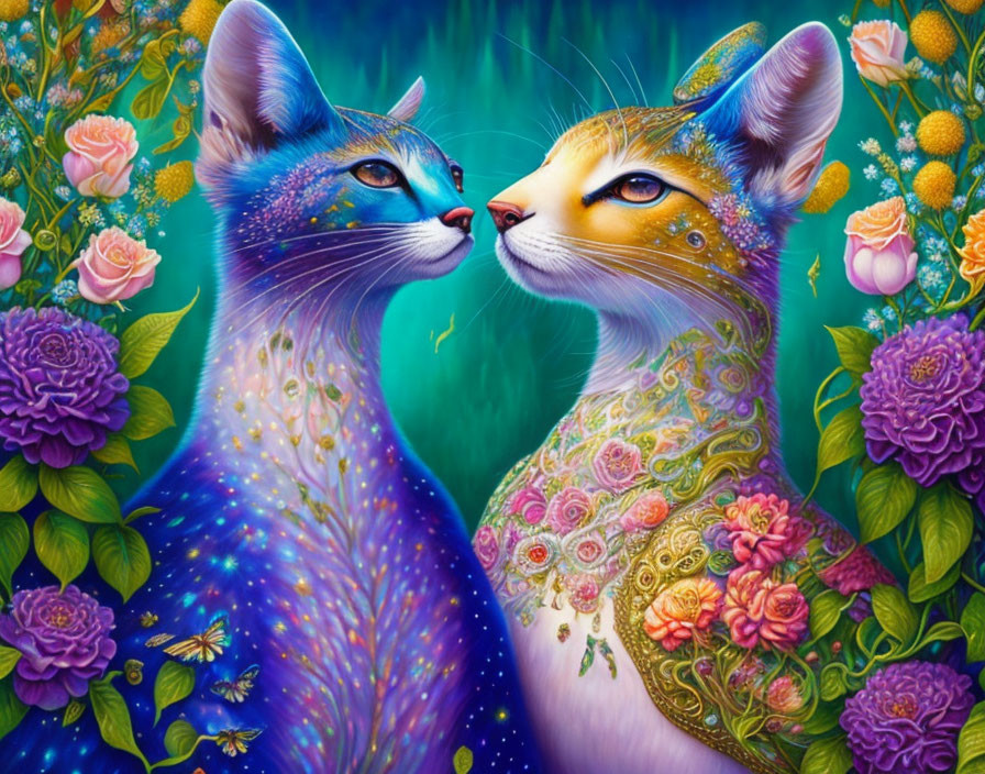 Fantastical cats with intricate patterns in bright blue fur on teal background