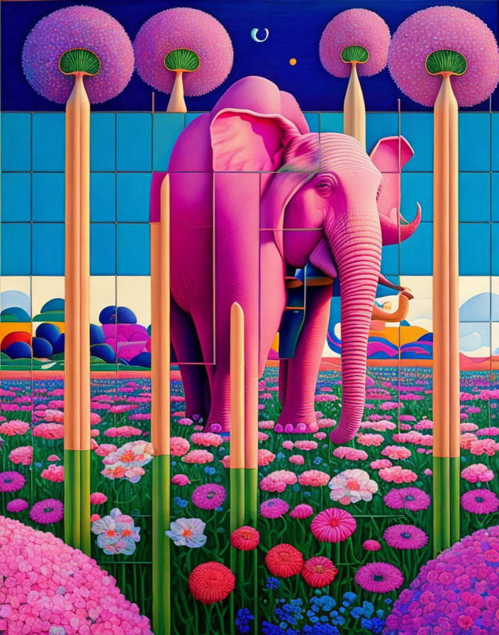 Colorful pink elephant in golden field with flowers under whimsical sky