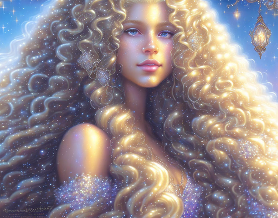 Illustration of woman with golden wavy hair and stars, gazing serenely.