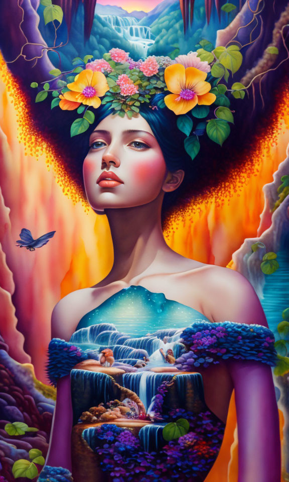 Colorful surreal portrait of a woman with floral headdress and ocean cliffs on chest