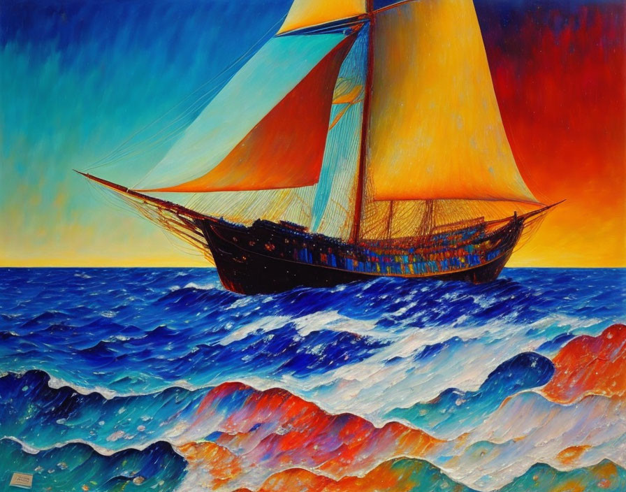 Sailing ship painting with orange sails on dramatic sunset sea