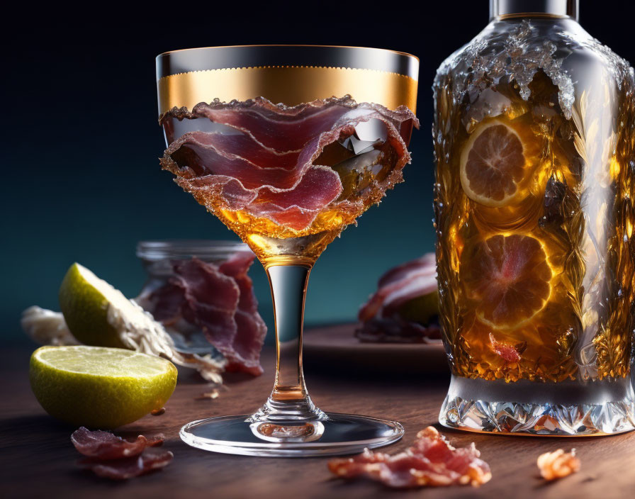Elegant cocktail with cured meat garnish and citrus liquor bottle on wooden surface