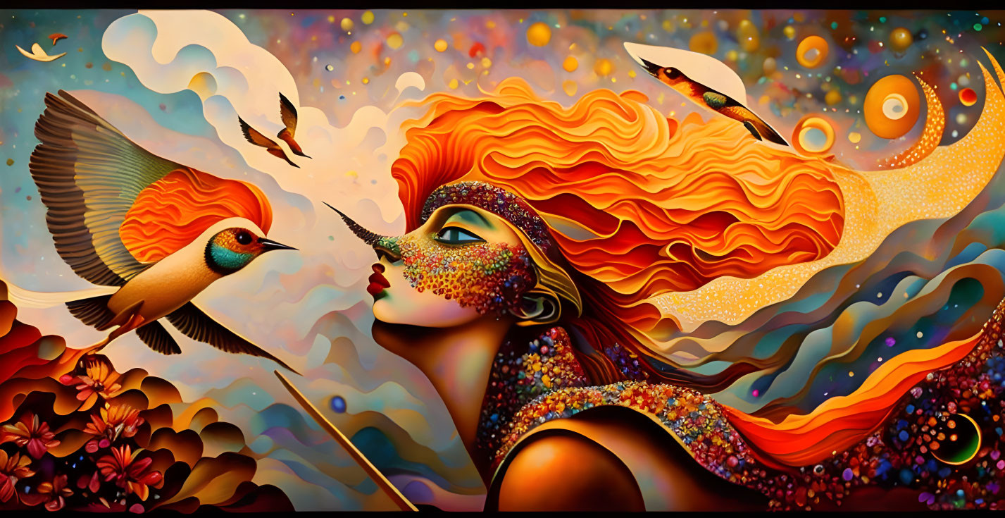 Colorful painting of woman with orange hair, birds, floral patterns, and celestial bodies