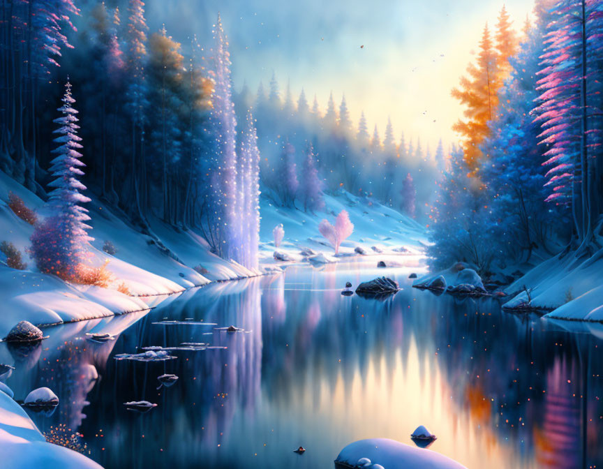 Snowy River Landscape with Pastel Sky and Trees