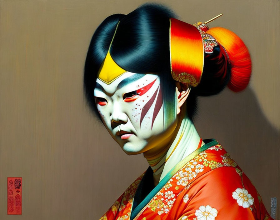 Vibrant portrait of person in Japanese attire and kabuki face paint