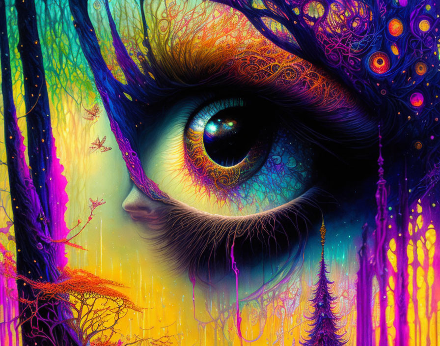 Detailed eye in vibrant digital artwork with surreal foliage