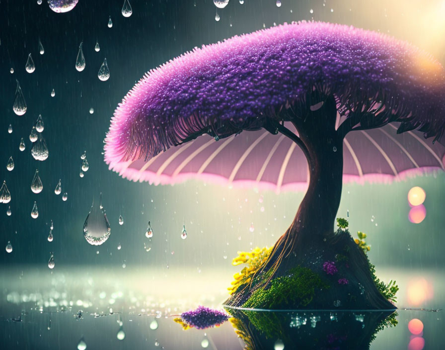 Purple umbrella-like canopy tree on small hill with oversized raindrops creating dreamy ambiance