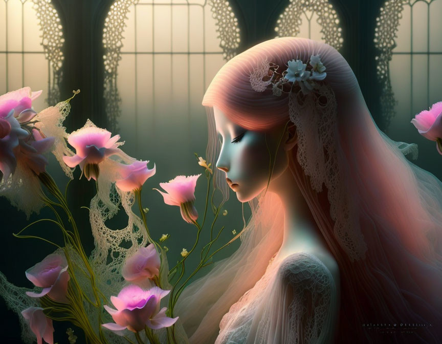 Pink-haired woman in bridal veil amidst pink flowers and gothic windows