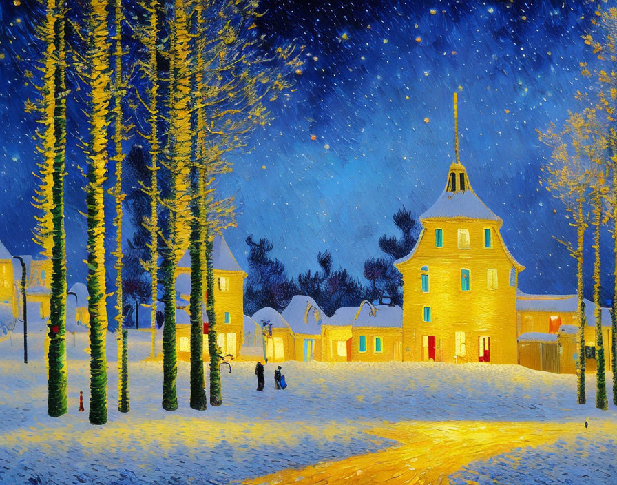 Snowy village scene at night with yellow buildings and starry sky