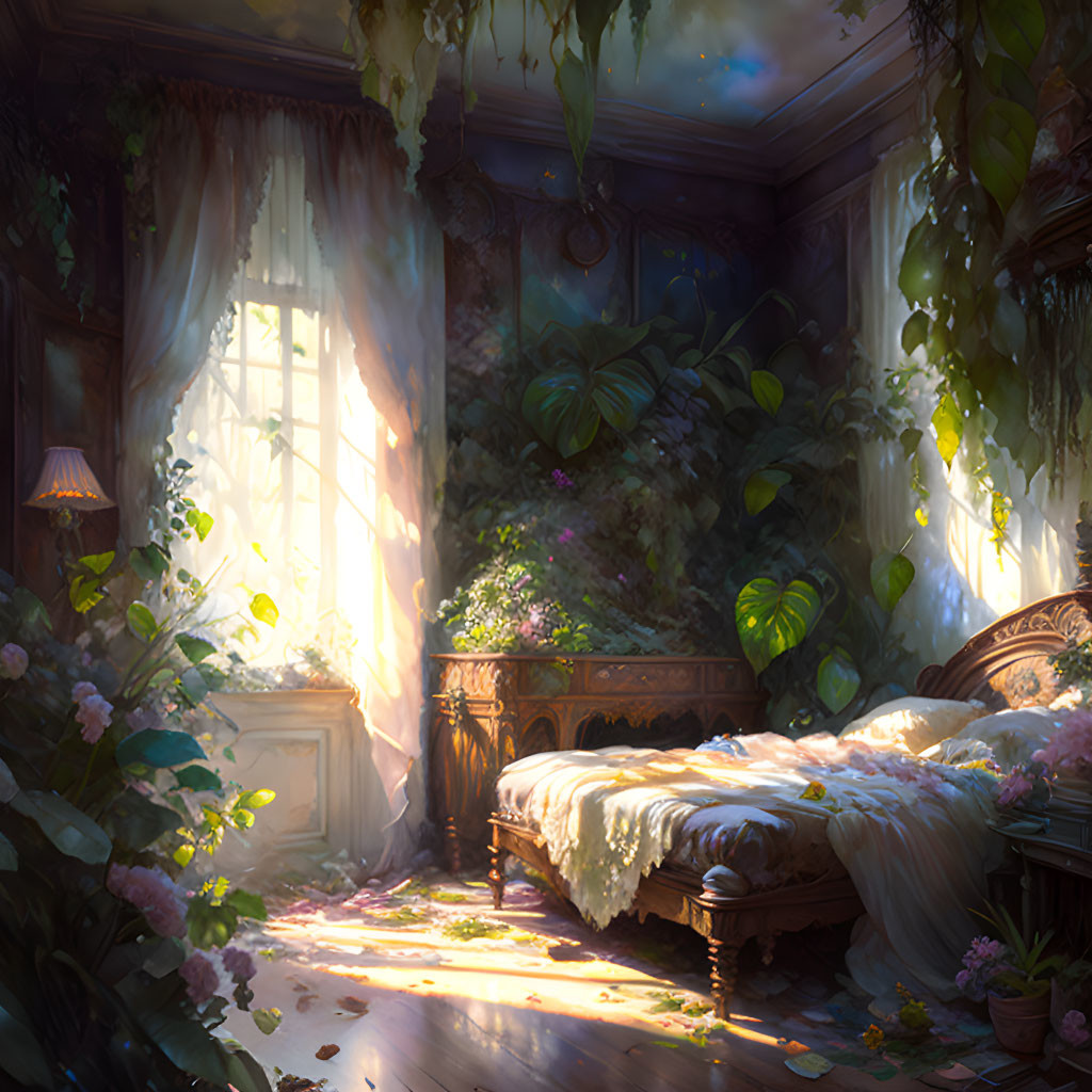 Abandoned bedroom with plants